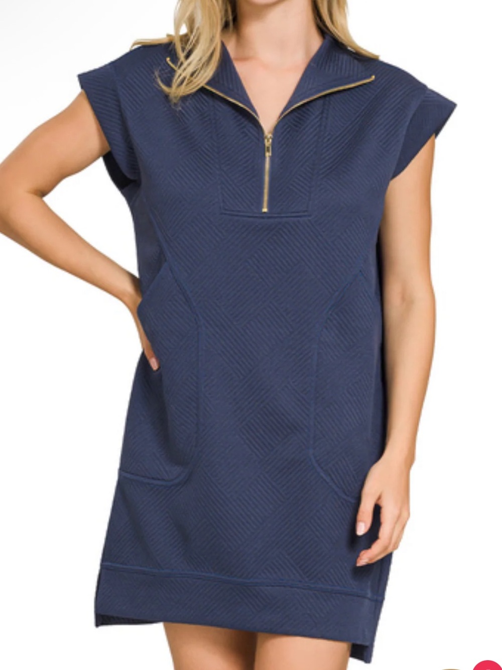 Zenana Textured Knit Jacquard Quarter Zipper Mini Dress Navy Blue